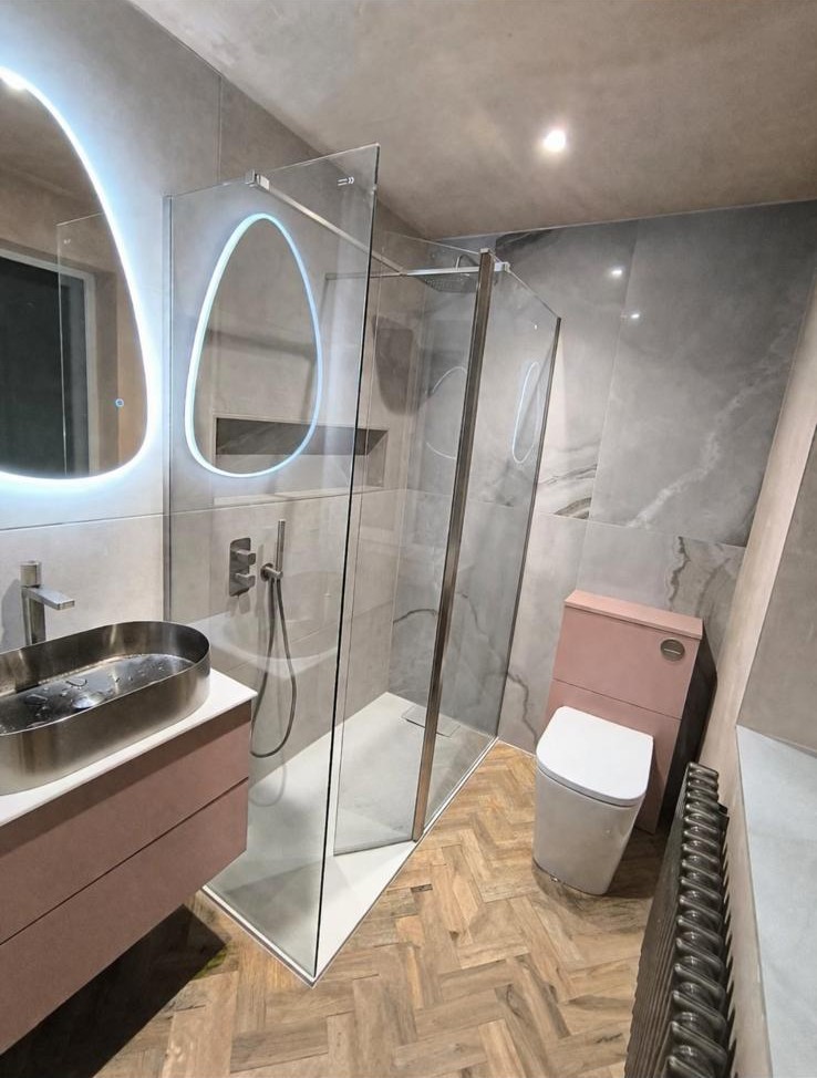 Modern Shower Room with Illuminated Mirror & Herringbone Floor